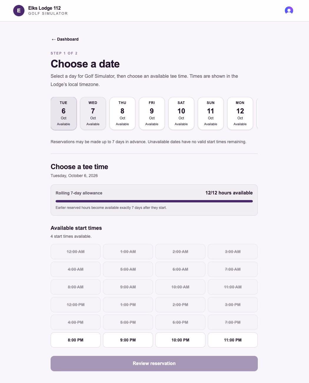 Golf simulator booking page with date selection, reservation allowance, and available tee times
