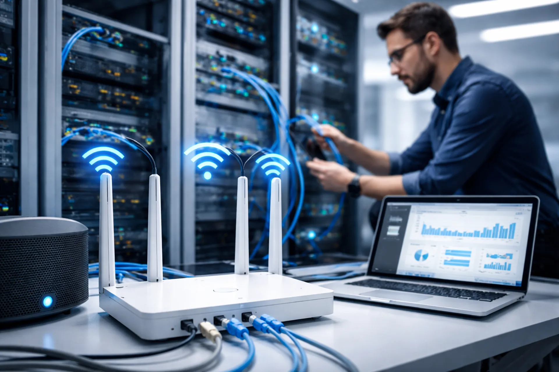 IT professional setting up a business network and Wi-Fi